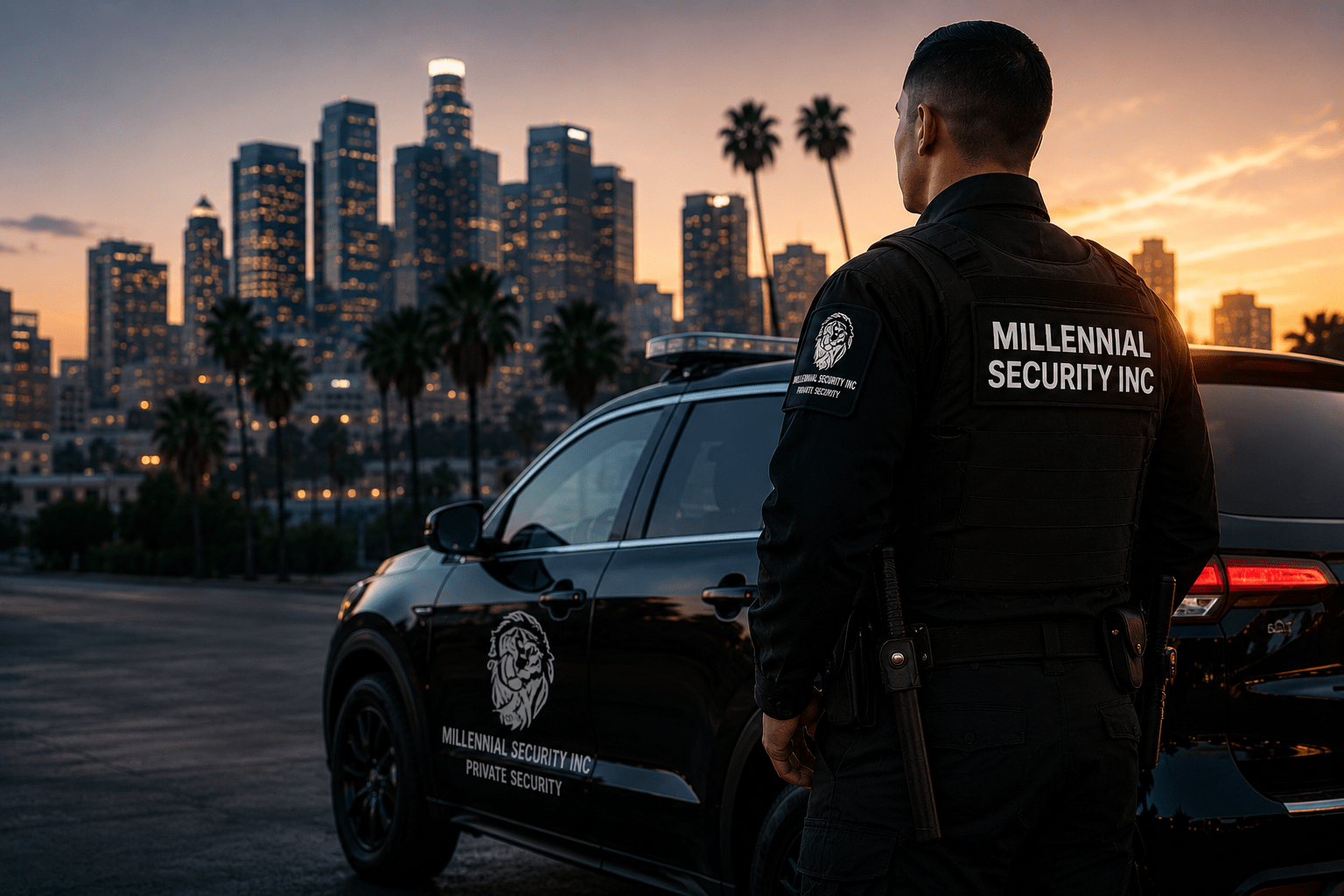Millennial Security Inc. security officer standing beside a patrol vehicle representing licensed and insured security guard services in Los Angeles, Southern California.