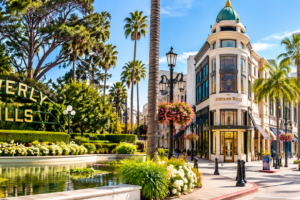 Beverly Hills park and Rodeo Drive shopping district in California, served by Millennial Security Inc. security guard services.