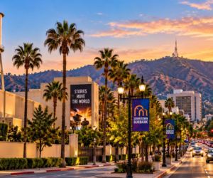 Warner Bros. Studios water tower and Downtown Burbank landmarks in California, representing the area served by Millennial Security Inc. security guard services.