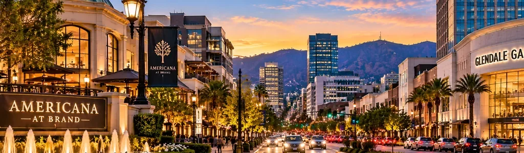 Americana at Brand, Glendale Galleria, and Downtown Glendale skyline representing security guard services in Glendale, California, by Millennial Security Inc.