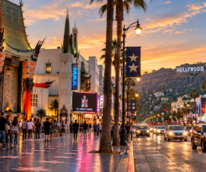 Hollywood Boulevard featuring the Hollywood Sign, Walk of Fame, and TCL Chinese Theatre in Los Angeles, an area served by Millennial Security Inc. security guard services.