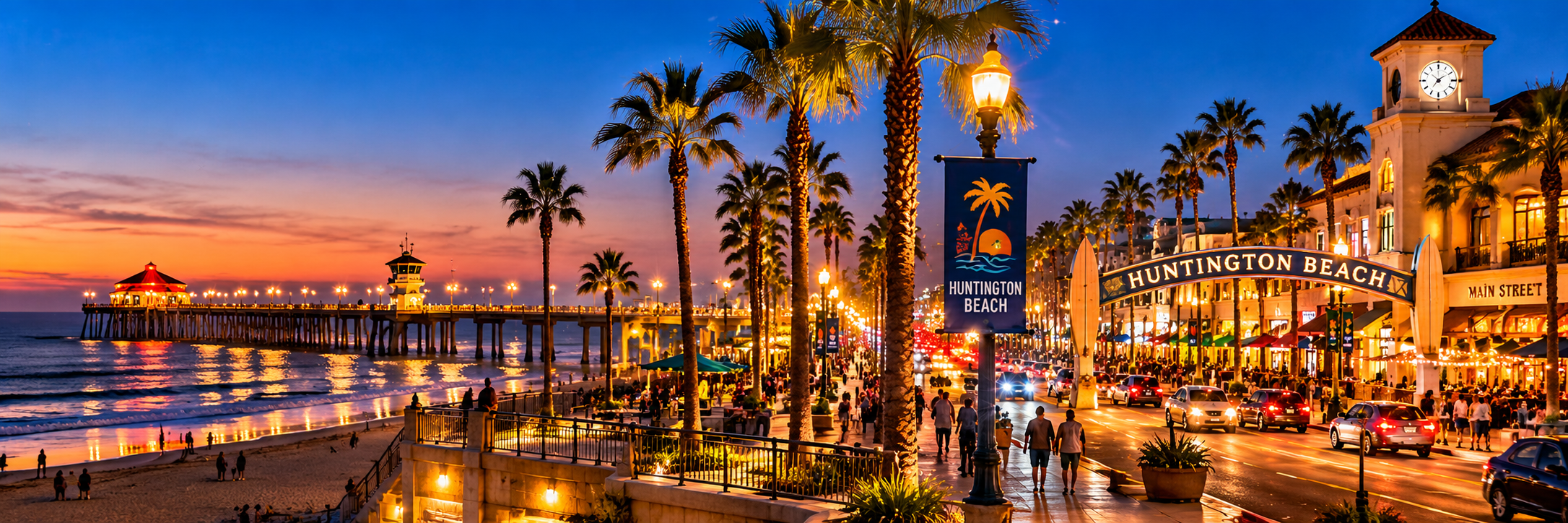 Nighttime panoramic view of Huntington Beach Pier, illuminated Main Street, palm-lined coastal streets, and Pacific Ocean in Huntington Beach, Orange County, California.