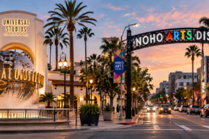 Universal Studios Hollywood and NoHo Arts District landmarks representing security guard services in North Hollywood by Millennial Security Inc.