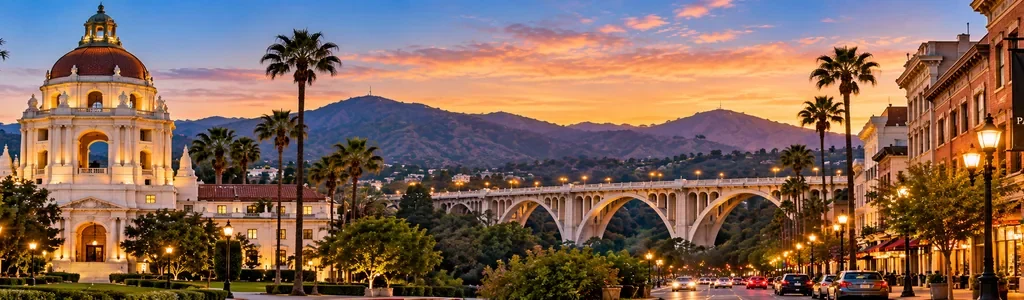 Pasadena City Hall, Colorado Street Bridge, and Old Pasadena landmarks representing security guard services in Pasadena, California, by Millennial Security Inc.