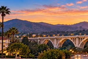 Pasadena City Hall, Colorado Street Bridge, and Old Pasadena landmarks representing security guard services in Pasadena, California, by Millennial Security Inc.