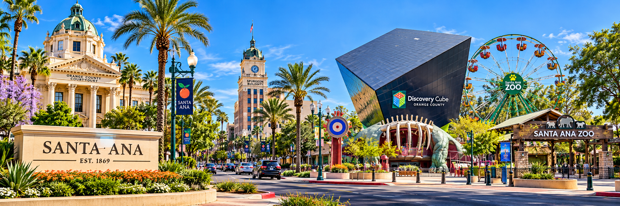Santa Ana Landmarks Panorama Security guard services in Santa Ana, California, featuring the Orange County Courthouse, Spurgeon Building, Discovery Cube Orange County, and Santa Ana Zoo.