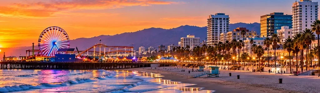 Santa Monica Pier, Pacific Ocean, and coastal skyline representing professional security guard services in Santa Monica, California, by Millennial Security Inc.