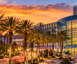 Anaheim Convention Center, Disneyland Resort skyline and palm-lined streets at sunset in Anaheim, California.