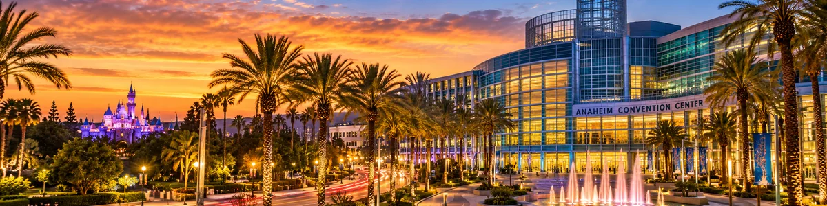 Anaheim Convention Center, Disneyland Resort skyline and palm-lined streets at sunset in Anaheim, California.