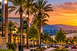 Panoramic illustration of Downtown Brea, Brea Mall and palm-lined streets at sunset in Brea, Orange County, California.