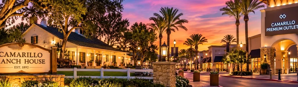 Panoramic evening illustration of Camarillo Ranch House and Camarillo Premium Outlets illuminated at sunset in Camarillo, Ventura County, California.
