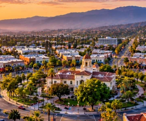 Aerial panoramic illustration of Downtown Corona, historic Grand Boulevard district, palm-lined streets, and surrounding hills at sunrise in Corona, California.