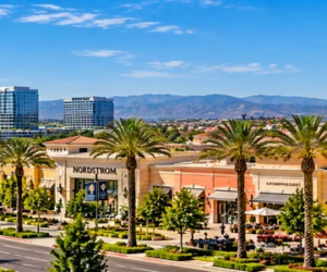 Daytime panoramic view of Irvine Spectrum Center, Ferris wheel, palm-lined streets and commercial buildings in Irvine, California.