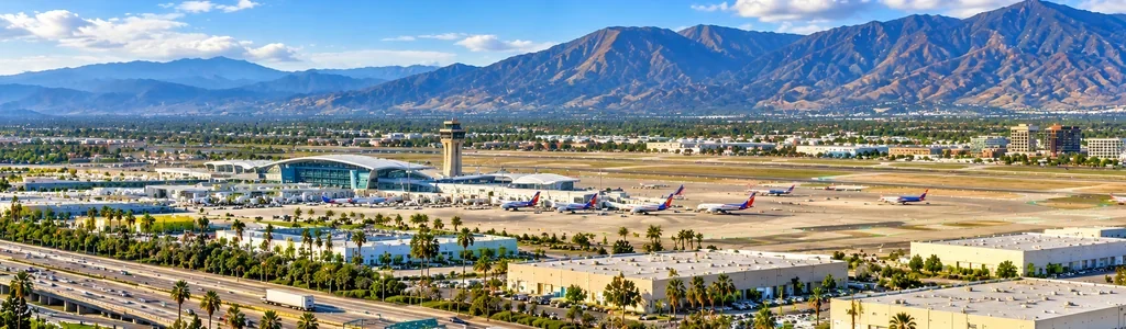 Daylight aerial panoramic illustration of Ontario International Airport, aircraft, runways, surrounding logistics warehouses, and San Gabriel Mountains in Ontario, California.