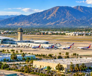 Daylight aerial panoramic illustration of Ontario International Airport, aircraft, runways, surrounding logistics warehouses, and San Gabriel Mountains in Ontario, California.