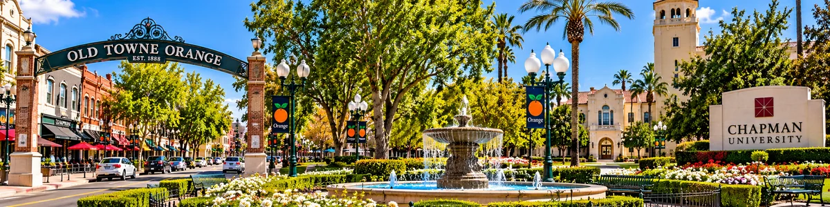 orange-security-guard-services-hero Bright daytime panoramic view of Old Towne Orange, Plaza Square fountain, historic buildings and Chapman University in Orange, California.