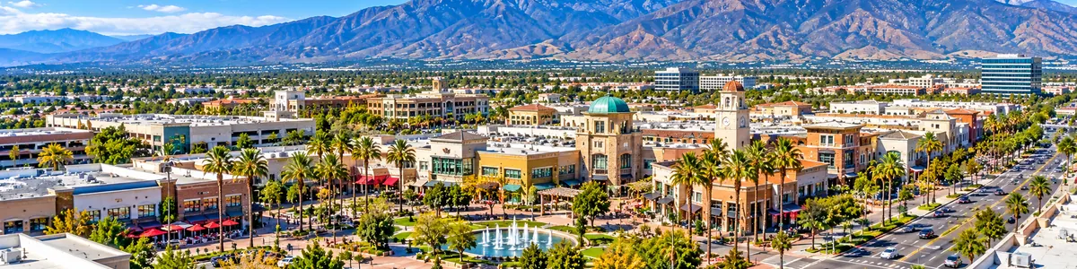 Bright daytime aerial illustration of Victoria Gardens shopping district, palm-lined streets, and San Gabriel Mountains in Rancho Cucamonga, California.