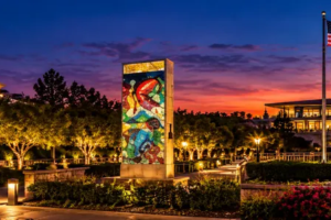 Nighttime panoramic illustration featuring the illuminated Simi Valley Cultural Arts Center and Ronald Reagan Presidential Library in Simi Valley, California.