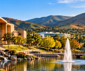 Scenic panoramic illustration of Thousand Oaks Civic Arts Plaza, landscaped gardens, water fountain, and Conejo Valley mountains in Thousand Oaks, Ventura County, California.
