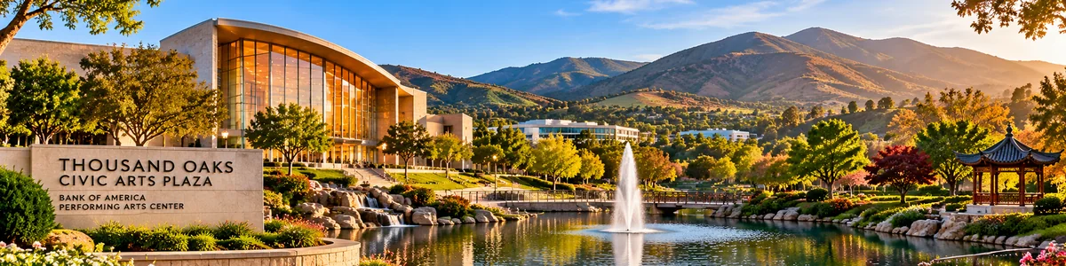 Scenic panoramic illustration of Thousand Oaks Civic Arts Plaza, landscaped gardens, water fountain, and Conejo Valley mountains in Thousand Oaks, Ventura County, California.