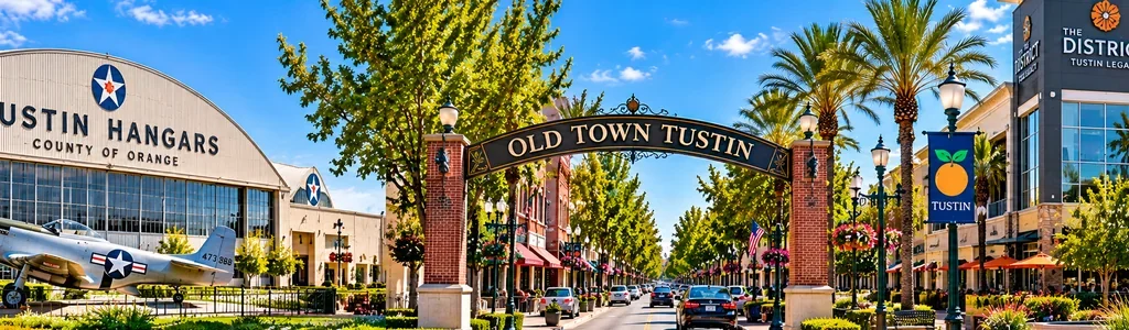 Bright daytime panoramic illustration of Tustin Hangars, historic Old Town Tustin and The District at Tustin Legacy in Tustin, Orange County, California.