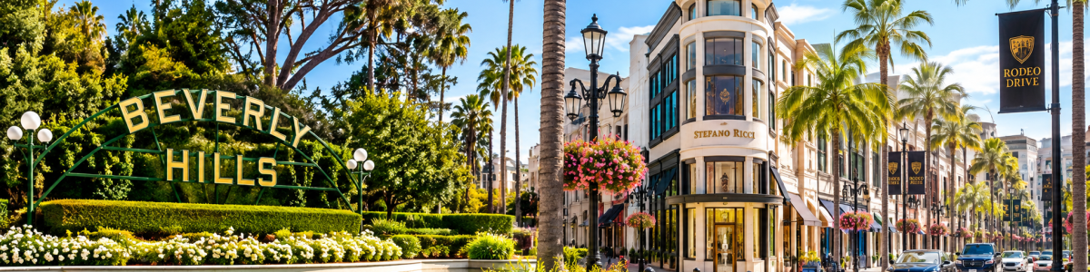 Beverly Hills park and Rodeo Drive shopping district in California, served by Millennial Security Inc. security guard services.