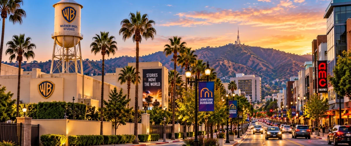 Warner Bros. Studios water tower and Downtown Burbank landmarks in California, representing the area served by Millennial Security Inc. security guard services.