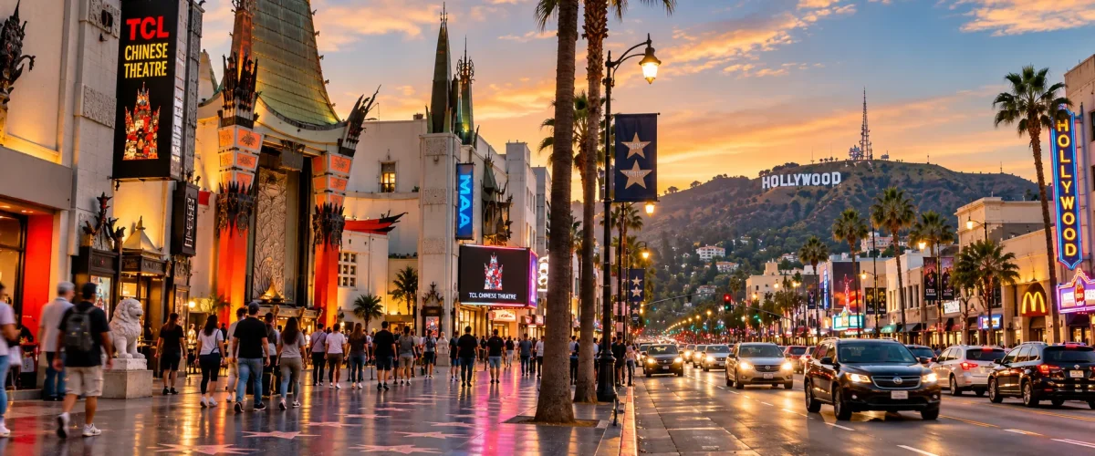 Hollywood Boulevard featuring the Hollywood Sign, Walk of Fame, and TCL Chinese Theatre in Los Angeles, an area served by Millennial Security Inc. security guard services.