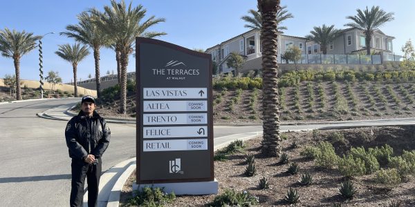 Millennial Security Inc. security officer at The Terraces at Walnut construction project in Walnut, California