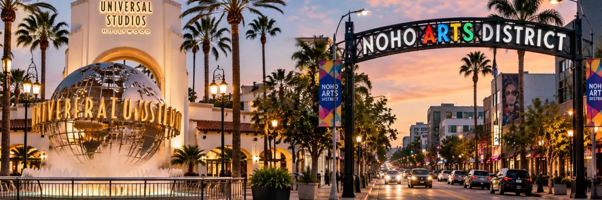 Universal Studios Hollywood and NoHo Arts District landmarks representing security guard services in North Hollywood by Millennial Security Inc.