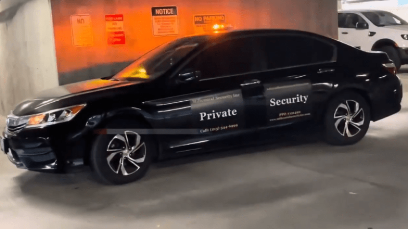 Millennial Security Inc. mobile patrol security vehicle providing 24/7 patrol coverage in Los Angeles, Southern California.
