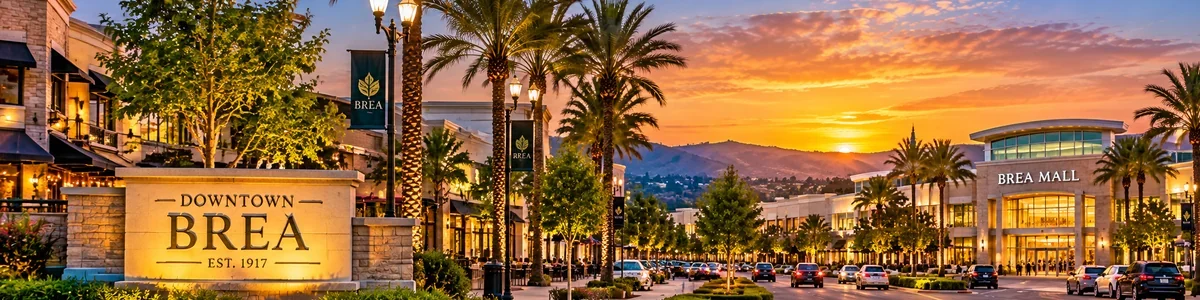 Panoramic illustration of Downtown Brea, Brea Mall and palm-lined streets at sunset in Brea, Orange County, California.