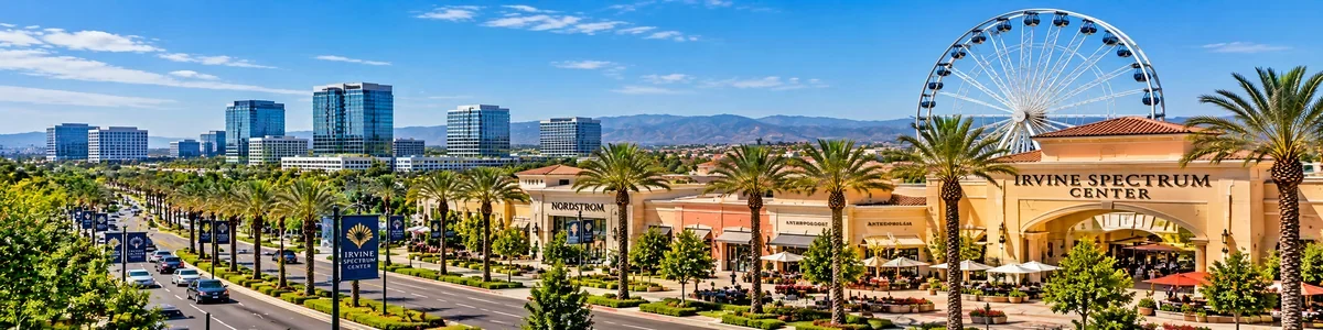 Daytime panoramic view of Irvine Spectrum Center, Ferris wheel, palm-lined streets and commercial buildings in Irvine, California.